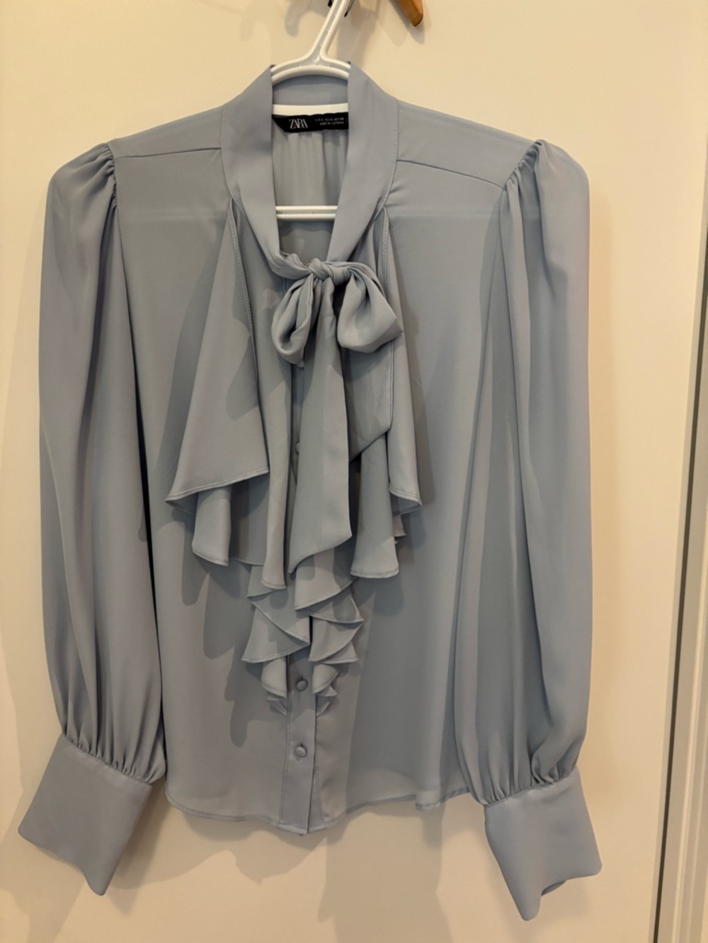 Zara Dusty Blue Ruffle Tie-Neck Blouse